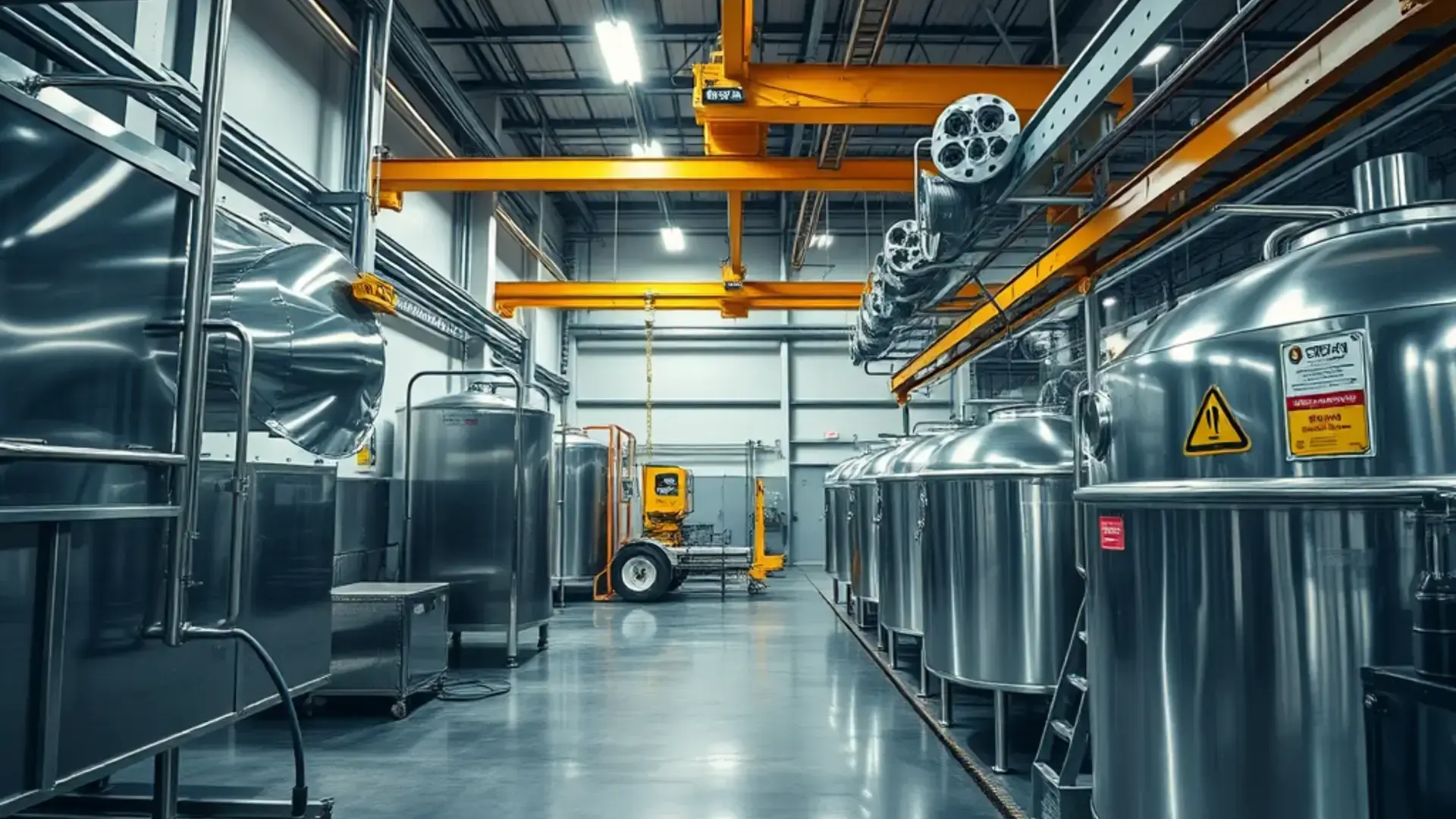 Industrial metal plating factory floor with chrome polishing equipment